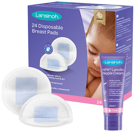 Lansinoh, lanoline HPA, crème pour mamelons, 40 ml + coussinets, 24 pièces