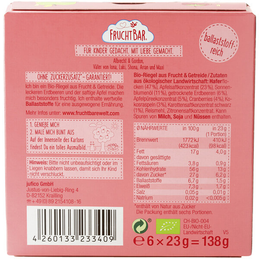 Barretta ai cereali Fruchtbar Bio, fragola, mela, avena, dopo 12 mesi, 6 x 23 g