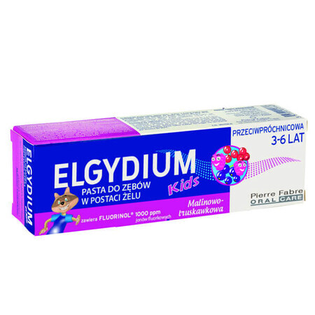 Elgydium Kids, dentifrice anti-caries pour les enfants de 3 à 6 ans, framboise et fraise, 50 ml