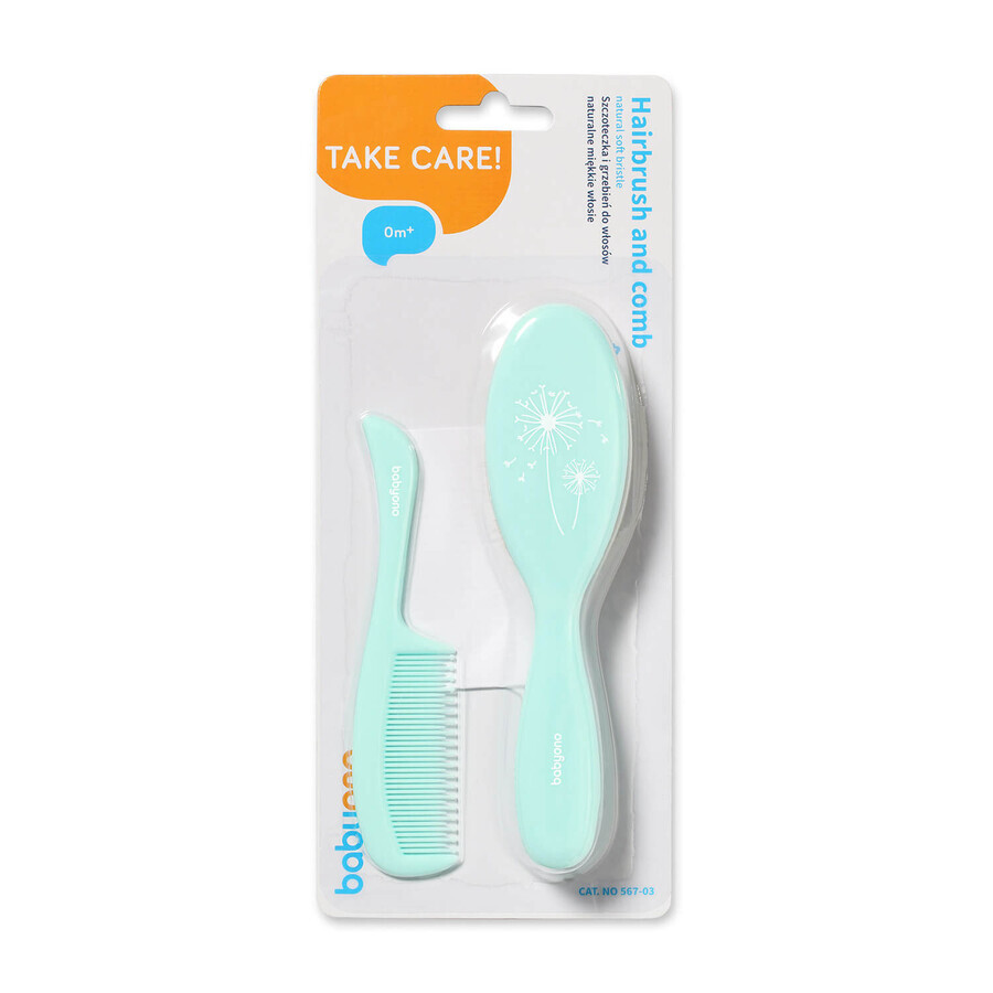 BabyOno, brosse à cheveux avec poils naturels doux et peigne, dès la naissance, 567/03, menthe