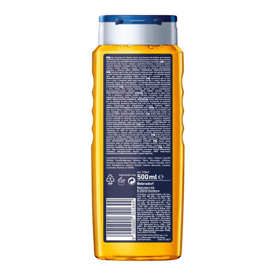 Nivea Men Active Energy, 3-in-1 Duschgel für Gesicht, Körper und Haare, 500 ml