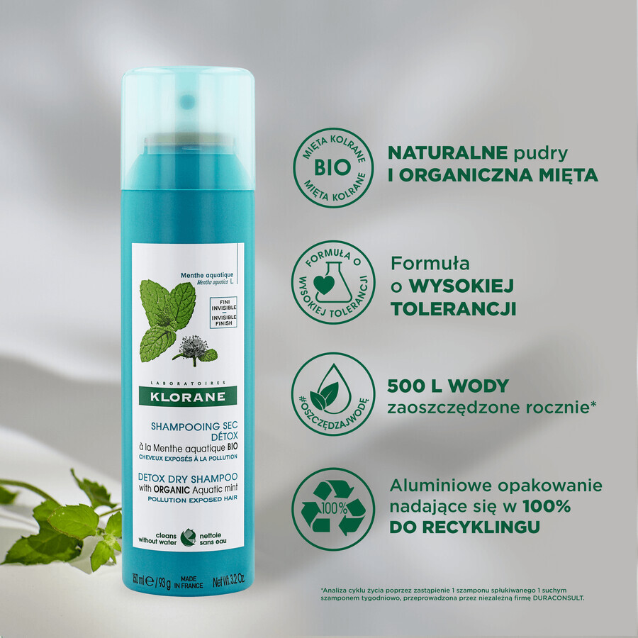 Klorane, shampooing sec détoxifiant à la menthe aquatique bio, 150 ml