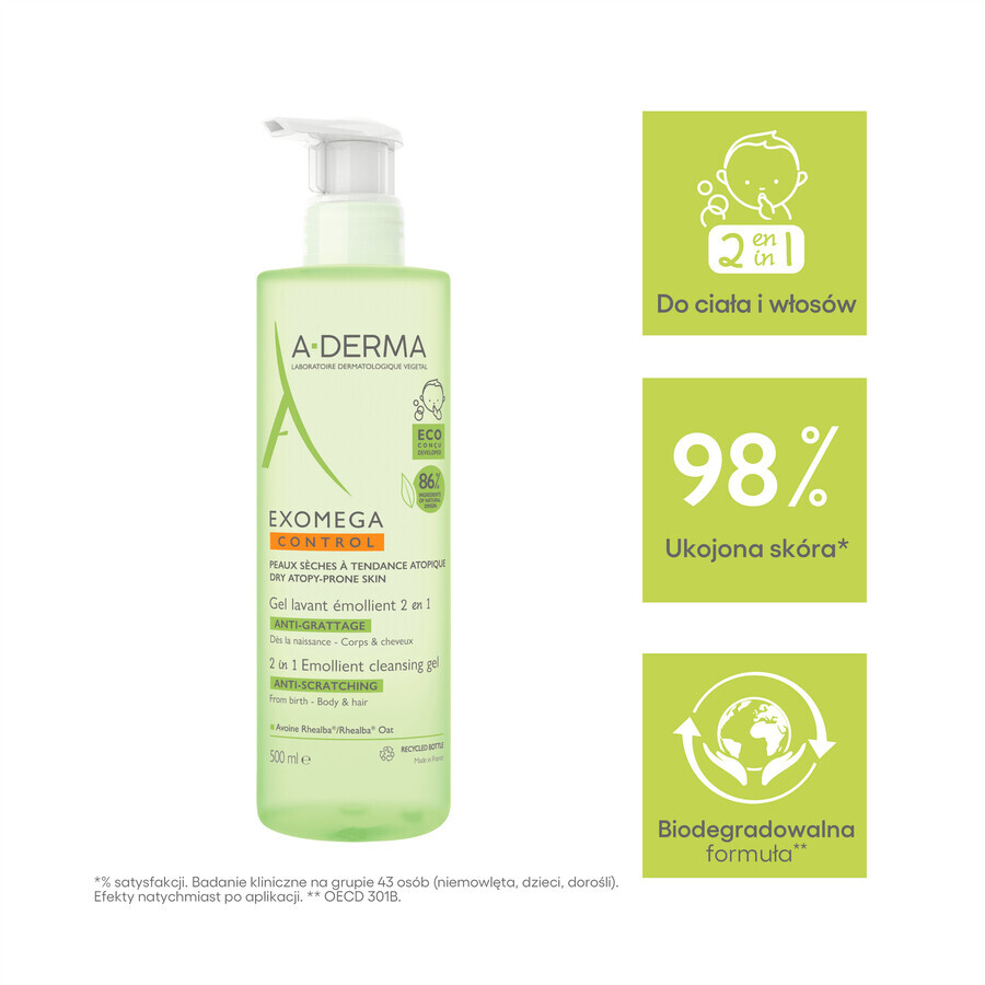 A-Derma Exomega Control 2in1, emollient gel for body, face, hair, from birth, 500 ml