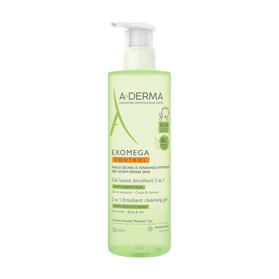 A-Derma Exomega Control 2in1, emollient gel for body, face, hair, from birth, 500 ml