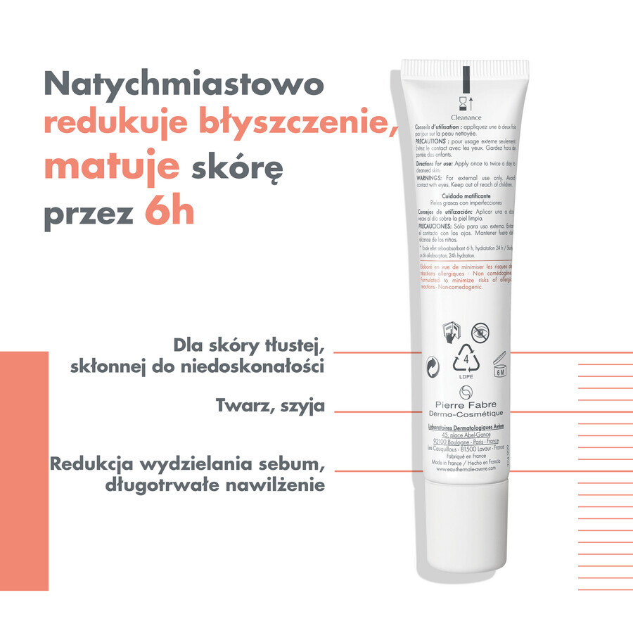 Avene Cleanance, emulsie matifiantă pentru față, ten gras și predispus la acnee, 40 ml