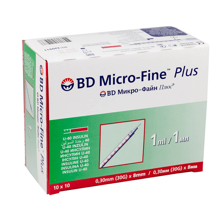 BD Micro-Fine Plus, seringue à insuline, 1 ml, U-40, avec aiguille 30G, 0.3 x 8 mm, 100 pièces