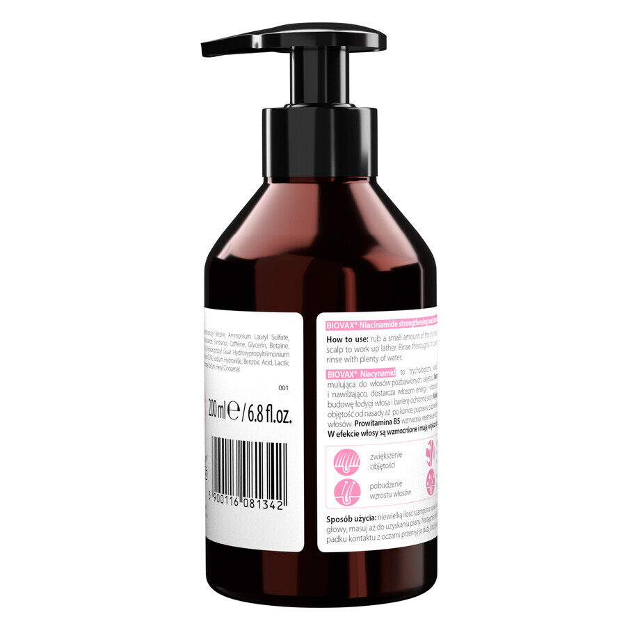 Biovax Niacinamide, shampooing stimulant fortifiant, régénération et renouvellement du volume, 200 ml