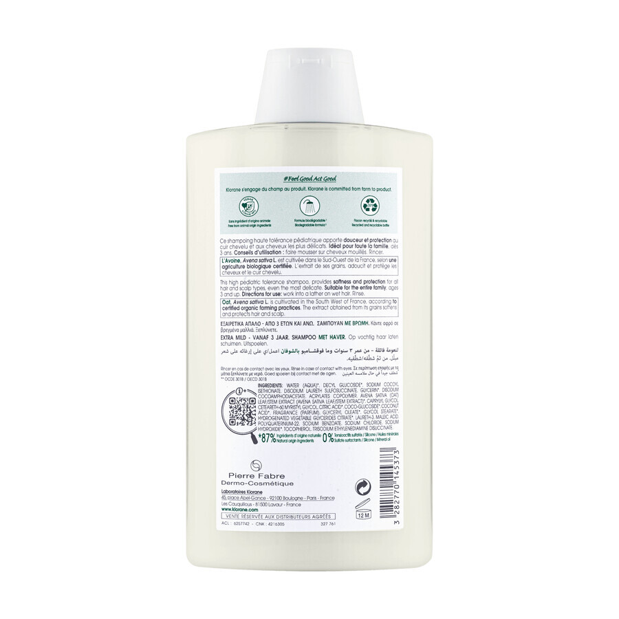 Klorane, shampooing à base de lait d'avoine pour tous types de cheveux, 400 ml