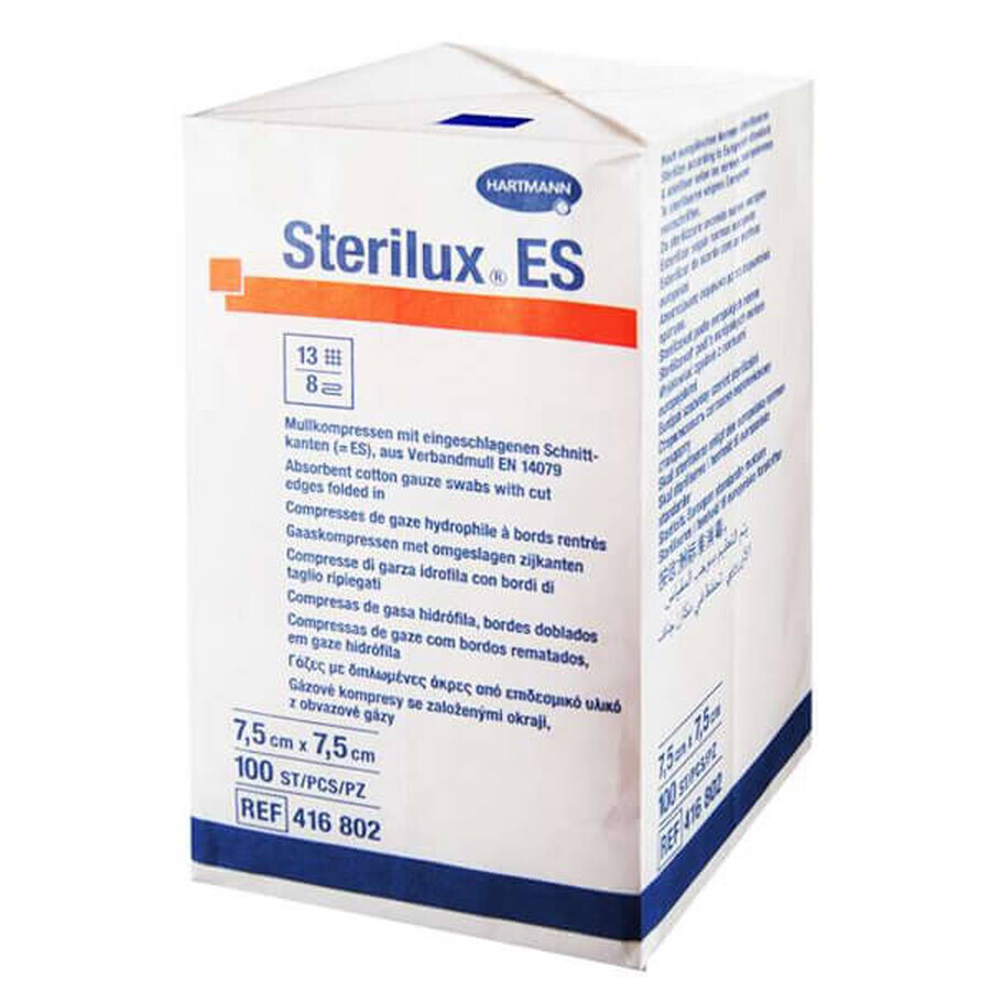 Sterilux ES, tamponi di garza sterile, 13 fili, 8 strati, 7,5 cm x 7,5 cm, 100 pezzi