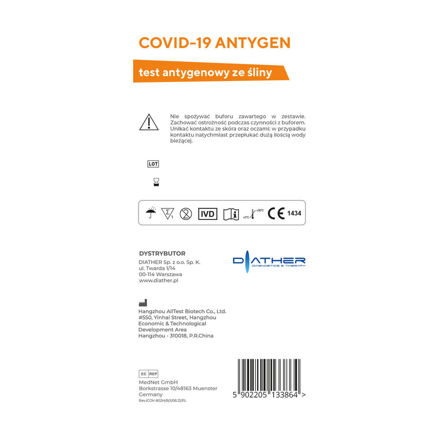 Diather Covid-19 Antigen, test d'antigène salivaire pour le virus SARS-CoV-2, 1 pièce