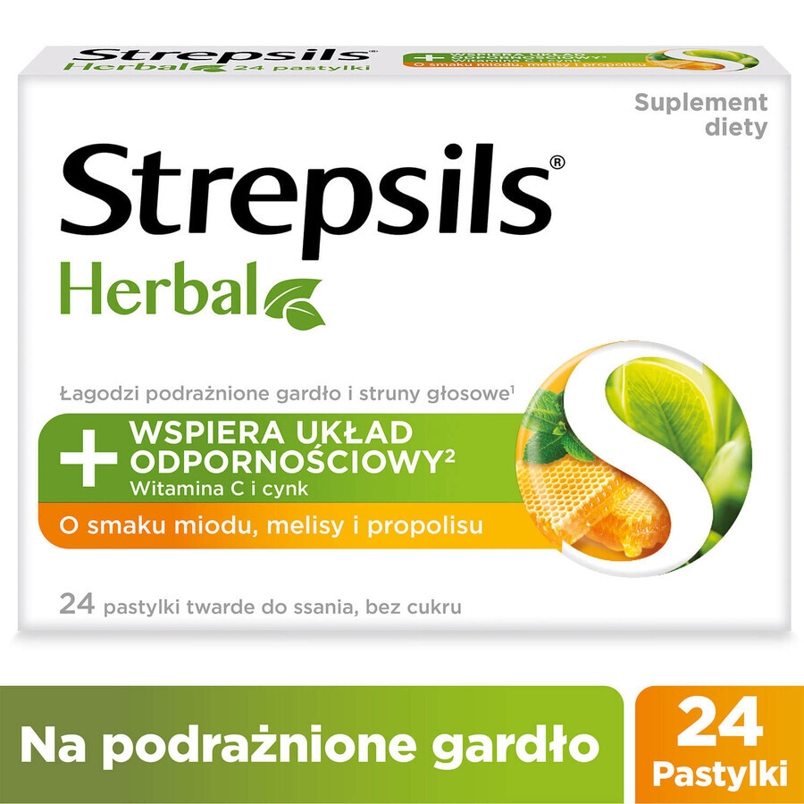 Strepsils Herbal, saveur miel, mélisse et propolis, sans sucre, 24 pastilles 