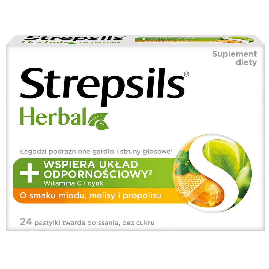 Strepsils Herbal, saveur miel, mélisse et propolis, sans sucre, 24 pastilles 