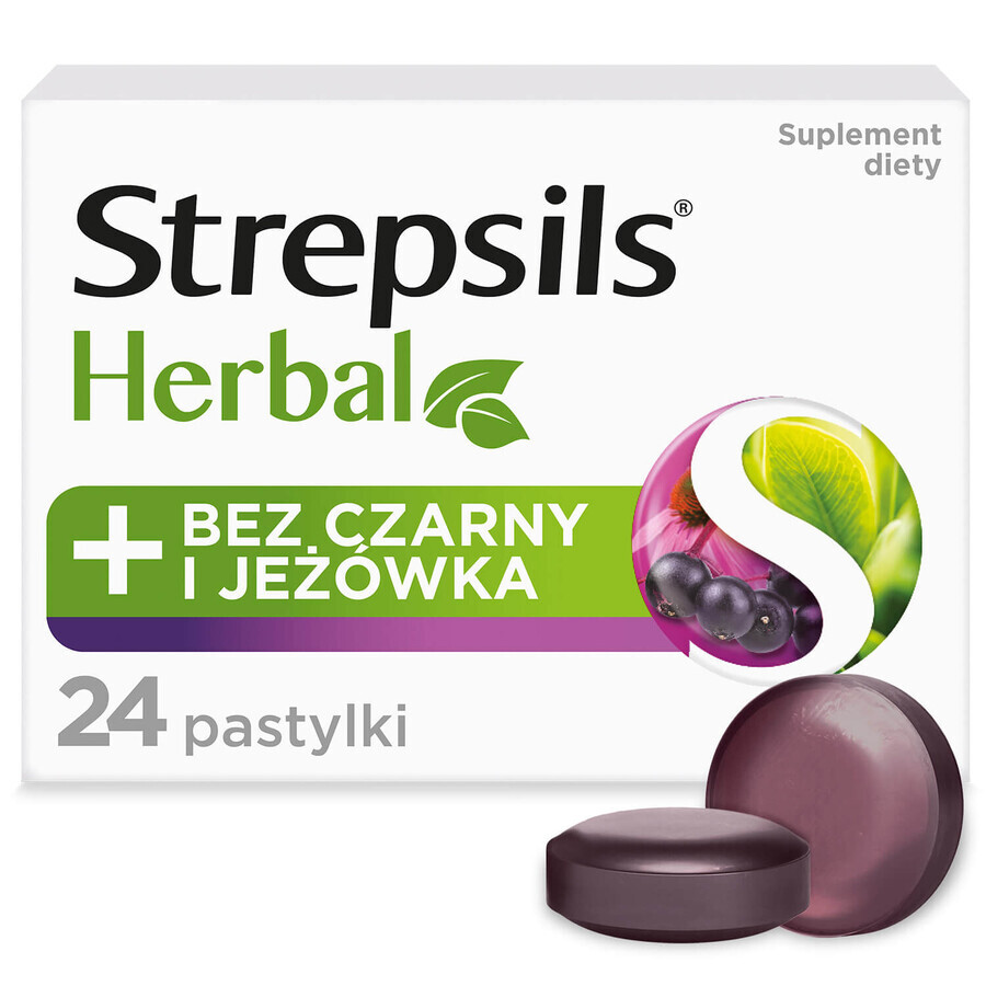 Strepsils Herbal, saveur sureau et échinacée, sans sucre, 24 pastilles