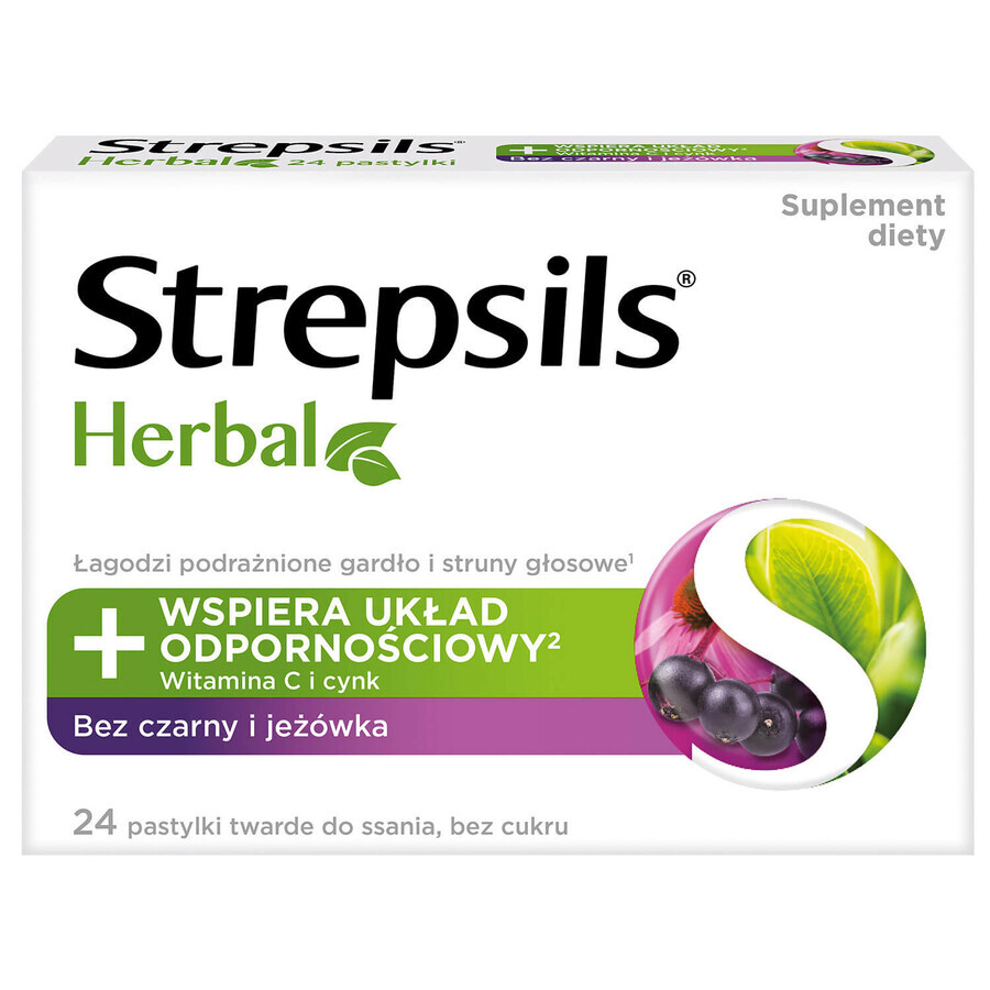 Strepsils Herbal, saveur sureau et échinacée, sans sucre, 24 pastilles