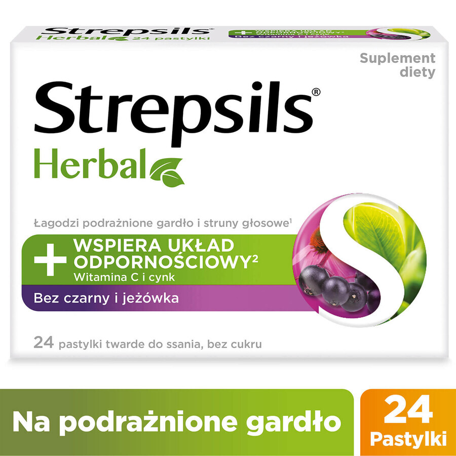 Strepsils Herbal, saveur sureau et échinacée, sans sucre, 24 pastilles