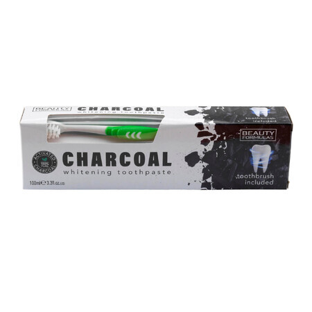 Beauty Formulas Charcoal, pastă de dinți de albire cu cărbune activ, 100 ml + periuță de dinți, 1 buc