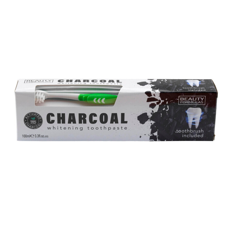 Beauty Formulas Charcoal, pastă de dinți de albire cu cărbune activ, 100 ml + periuță de dinți, 1 buc