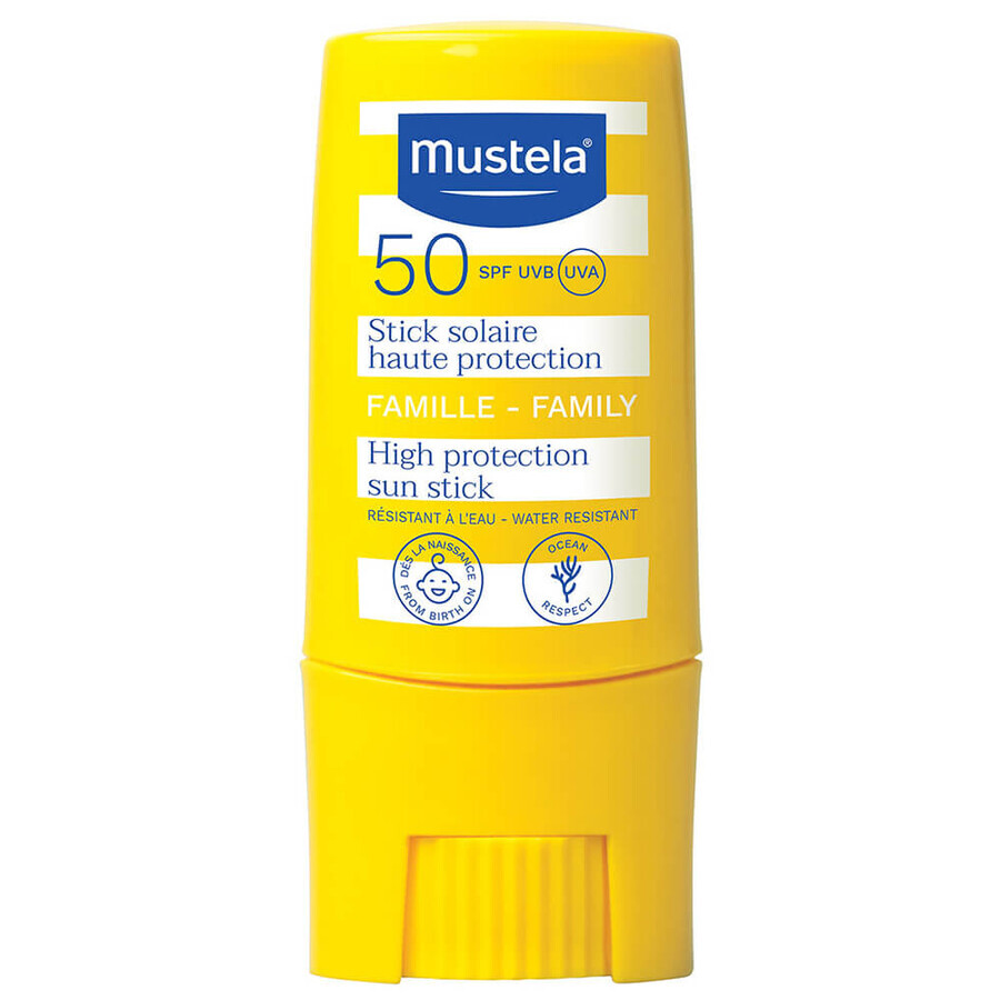 Mustela Sun Family, stick de protection solaire pour certaines parties du visage et du corps, dès la naissance, SPF 50, 9 ml