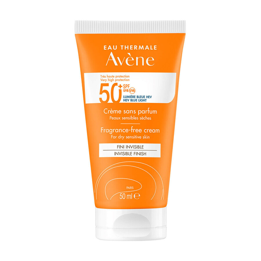 Avene Sun, cremă de protecție pentru față, fără parfum, piele uscată și sensibilă, SPF 50+, 50 ml