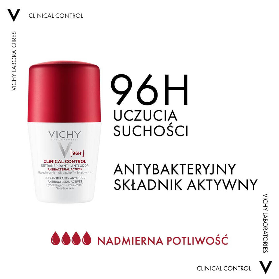 Vichy Clinical Control, roll-on anti-transpirant pour femmes, protection 96 heures, 50 ml