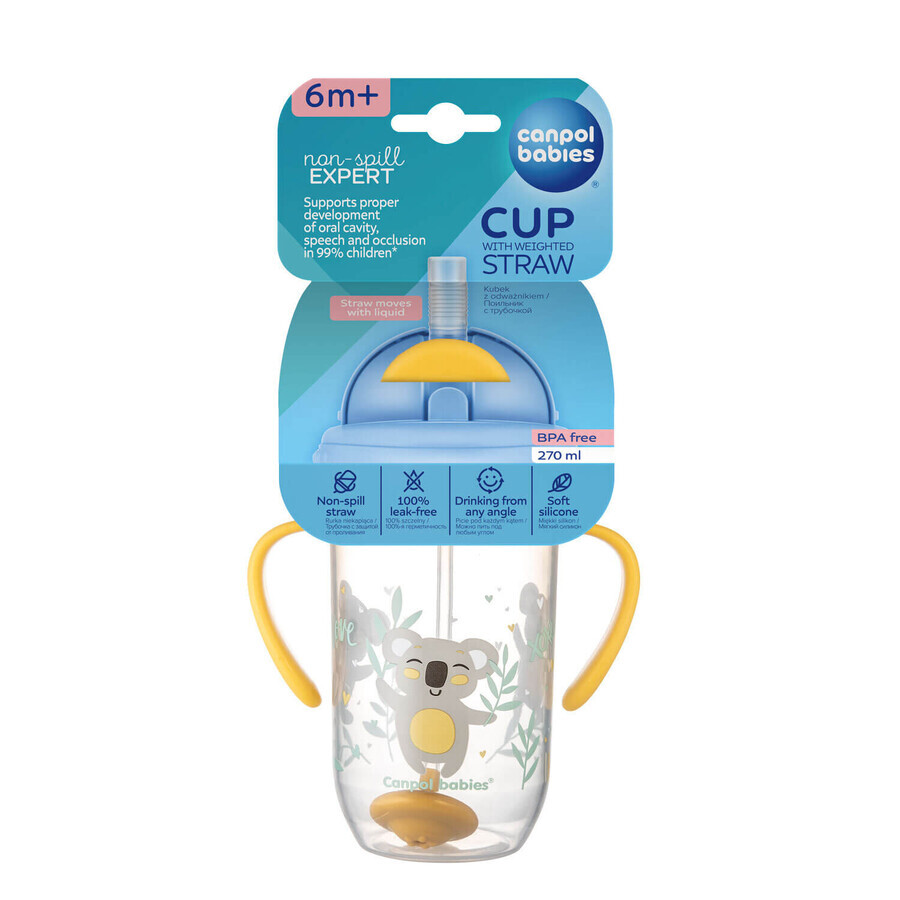 Canpol Babies Drip glass with tube and weight, Exotic animals, yellow, 56/606, from 6 months, 270 ml