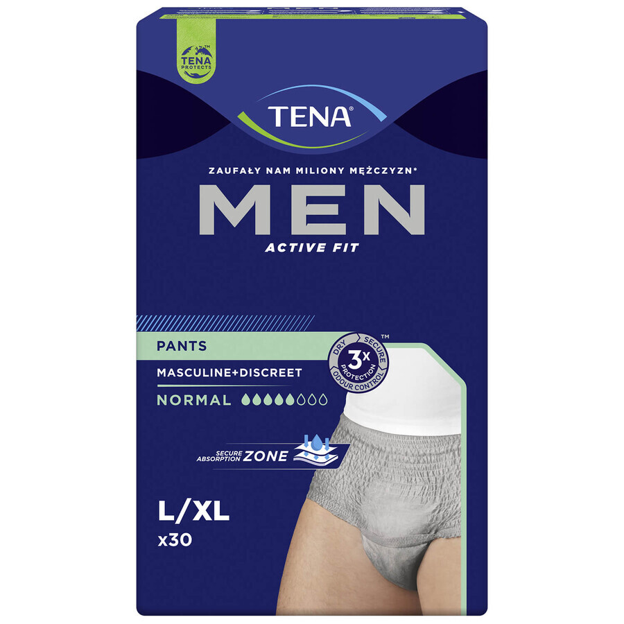 Tena Men Active Fit Pants, Absorbent Underpants for Men, Size L/XL, 95-130cm, Normal, 30 Pieces