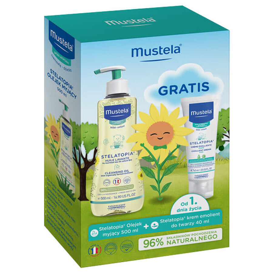 Mustela Stelatopia, huile nettoyante dès la naissance, 500 ml + crème émolliente visage, 40 ml gratuit 