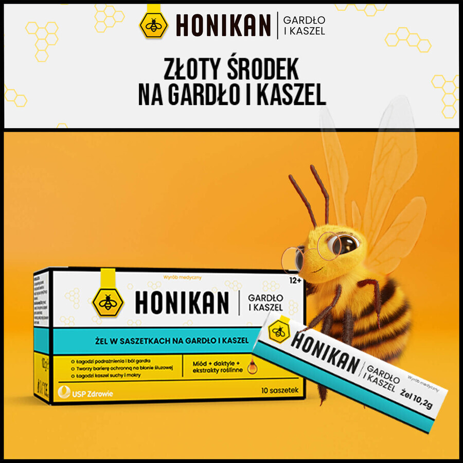 Honikan Gorge et Toux, gel en sachets pour enfants à partir de 12 ans et adultes, 10 pièces