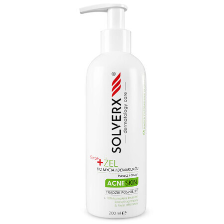 Solverx Acne Skin Forte, gel nettoyant et démaquillant pour le visage et les yeux, 200 ml