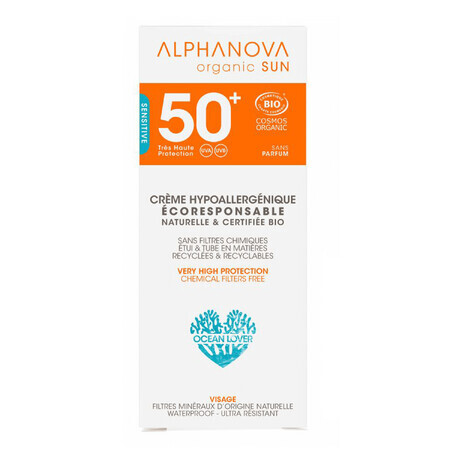 Alphanova Sun Bio, crème solaire, hypoallergénique, SPF 50, 50 g