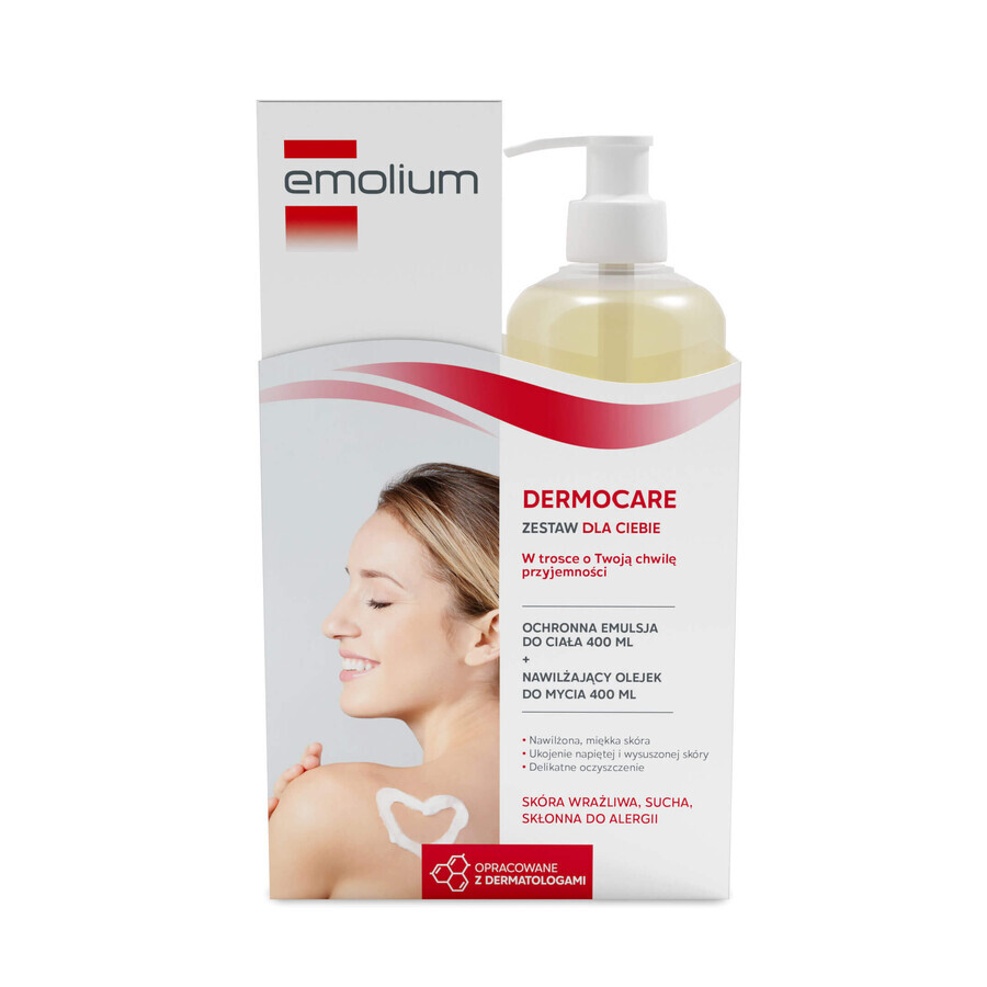 Set Emolium Dermocare, huile lavante hydratante, à partir de 3 mois, 400 ml + émulsion corporelle, à partir de 1 jour de vie, 400 ml