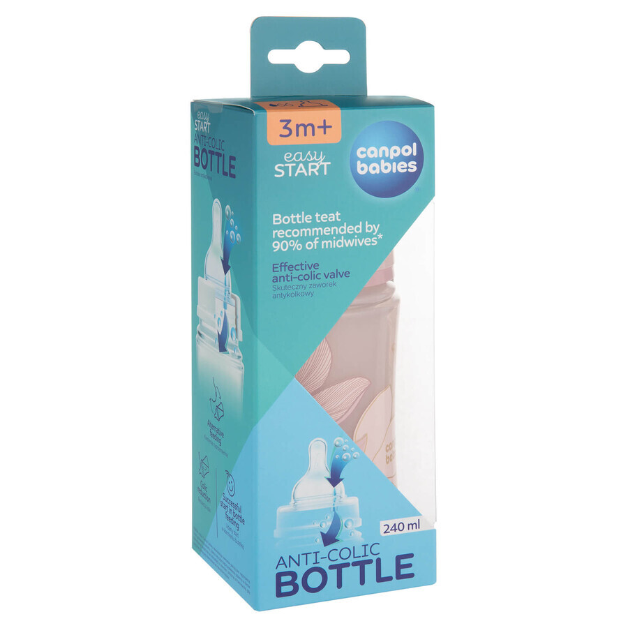 Canpol Babies EasyStart, biberón anticólicos, boca ancha, Dorado, rosa, 35/240, a partir de 3 meses, 240 ml