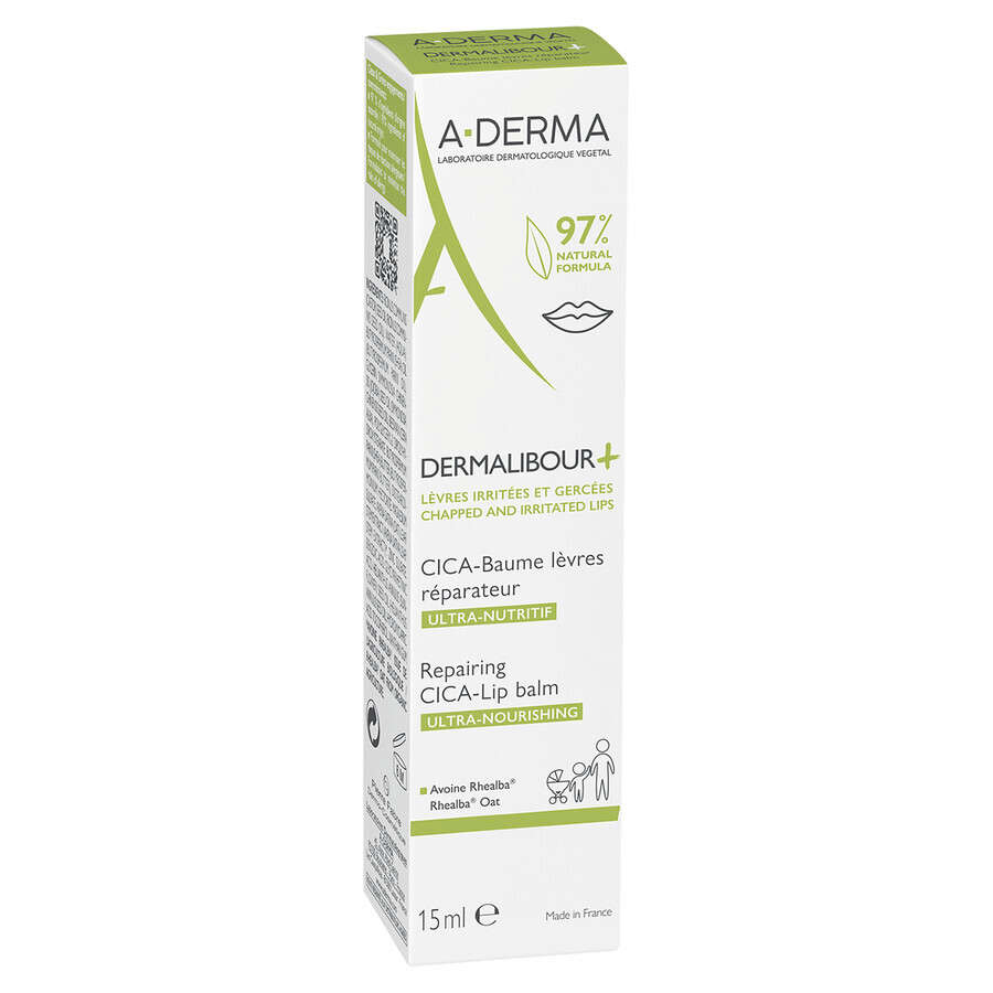 A-Derma Dermalibour+ Cica, baume à lèvres régénérant, 15 ml