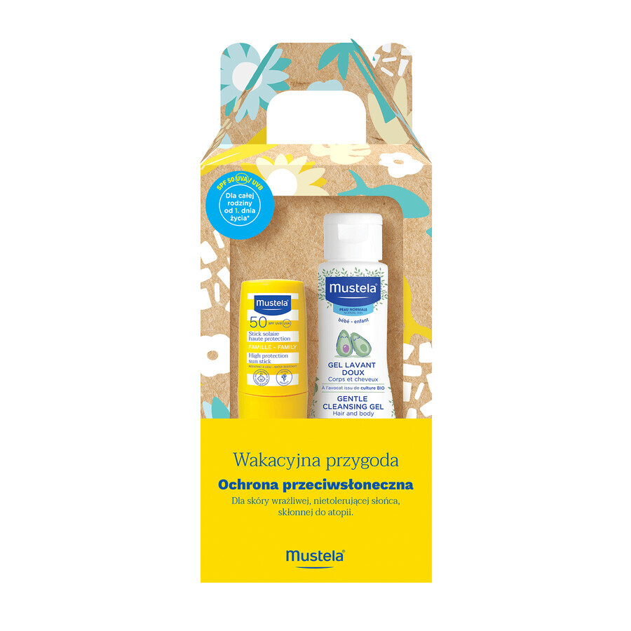 Mustela Sun Holiday Adventure set, sunscreen stick, SPF 50, 9 ml + washing gel, 100 ml