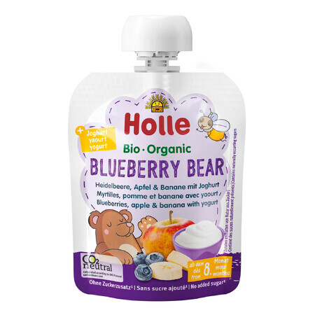 Holle, Mousse de fruits en tube, Blueberry Bear, myrtille, pomme, banane avec yaourt, à partir de 8 mois, 85 g