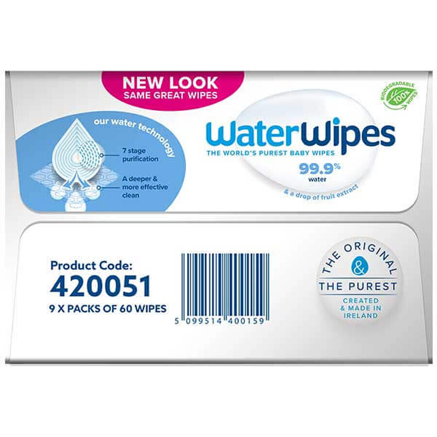 WaterWipes Bio, lingettes humides, eau, dès la naissance, 9 x 60 pcs