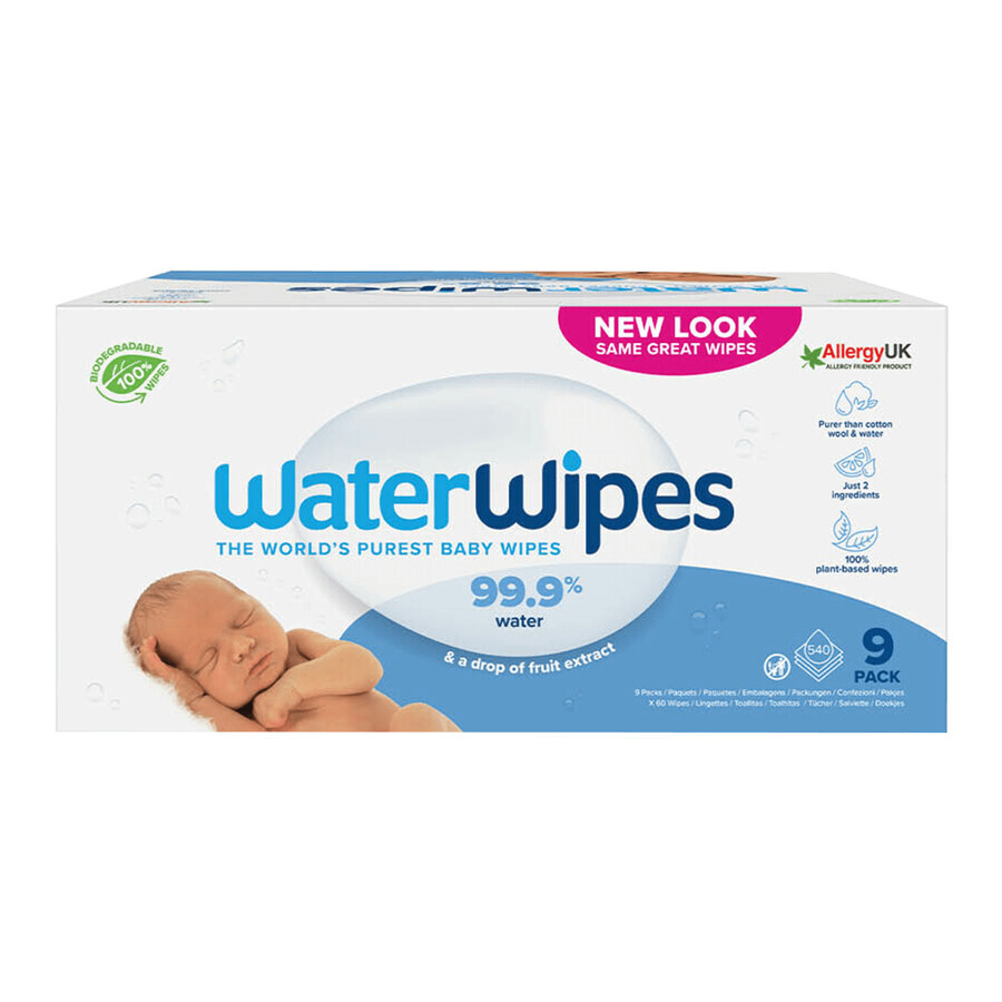 WaterWipes Bio, lingettes humides, eau, dès la naissance, 9 x 60 pcs