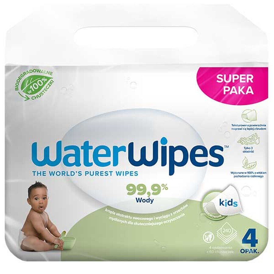 WaterWipes Soapberry Bio, lingettes humides, eau avec extrait de saponaire, dès la naissance, 4 x 60 pièces 