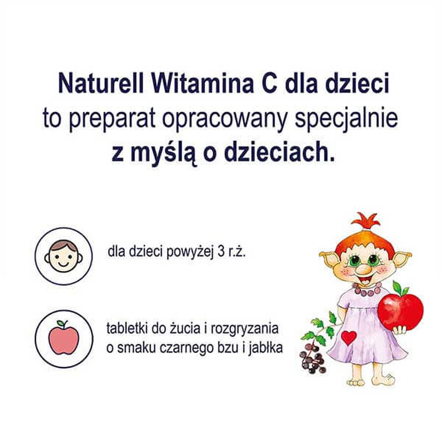 Naturell Vitamin C for children 50 mg, elderberry and apple flavor, 60 chewable tablets