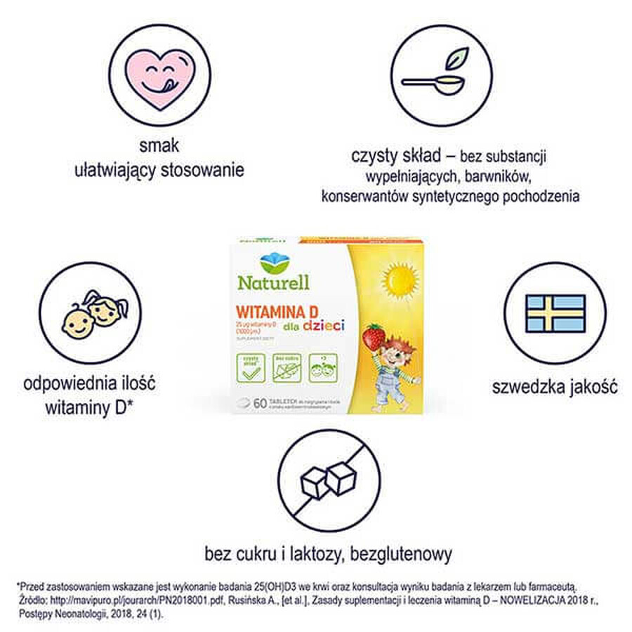 Naturell Vitamina D para Niños 1000 UI, sabor vainilla-fresa, 60 comprimidos masticables