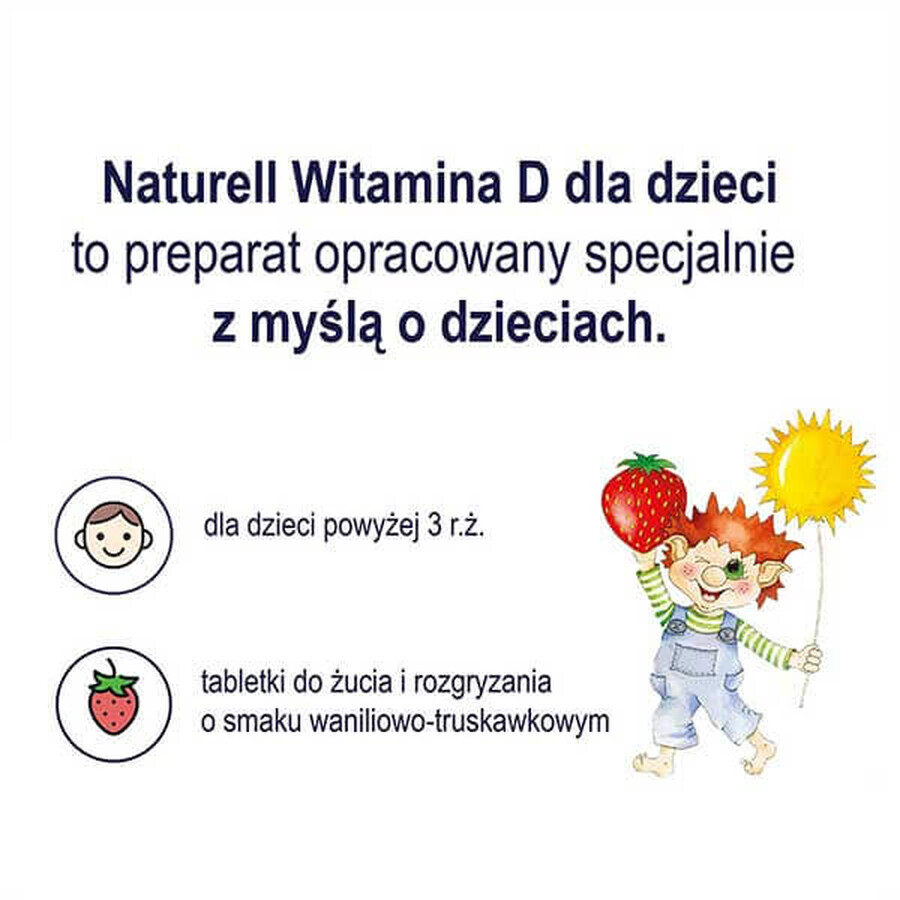 Naturell Vitamina D para Niños 1000 UI, sabor vainilla-fresa, 60 comprimidos masticables