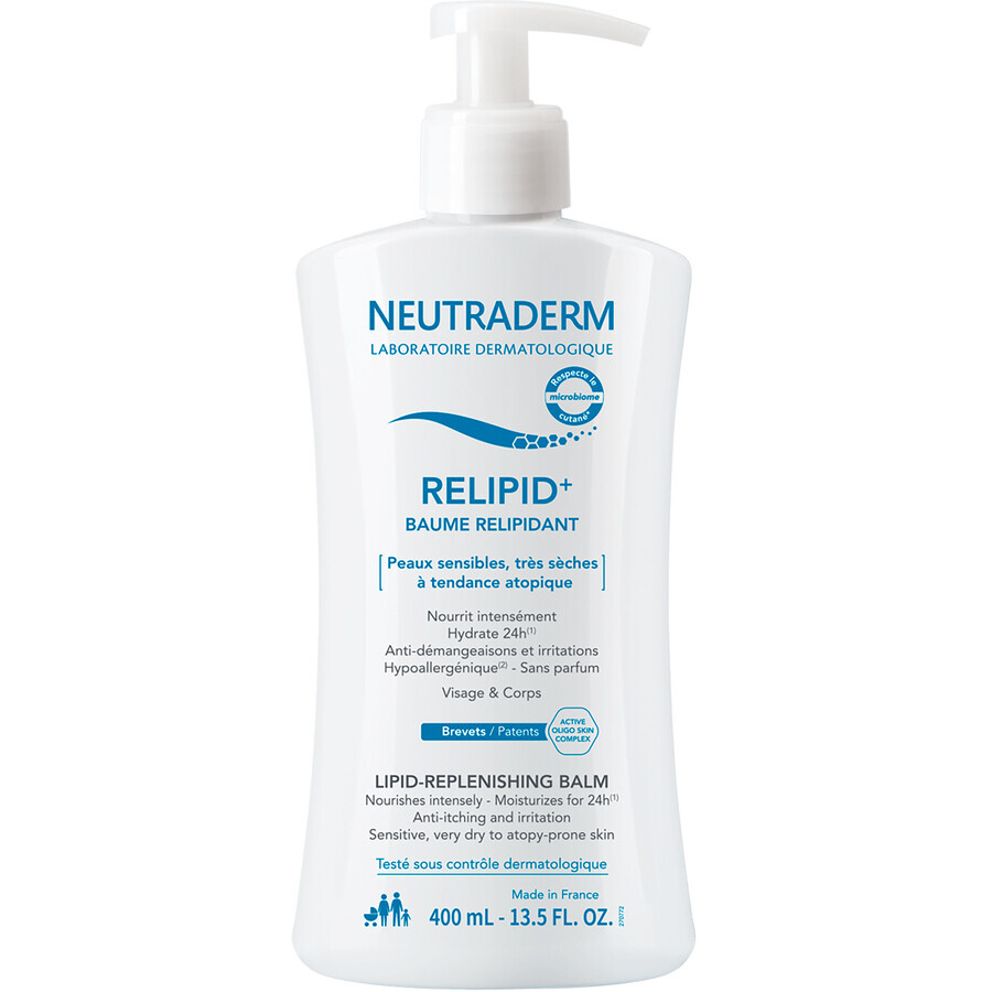 Neutraderm Relipid+, lotion relipidante pour le visage et le corps, peaux sensibles, très sèches et atopiques, 400 ml