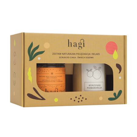 Hagi Verwarmende Set, lichaamsscrub met nootmuskaat en kaneel, 300g + sojakaars, Pittige Sinaasappel, 215ml