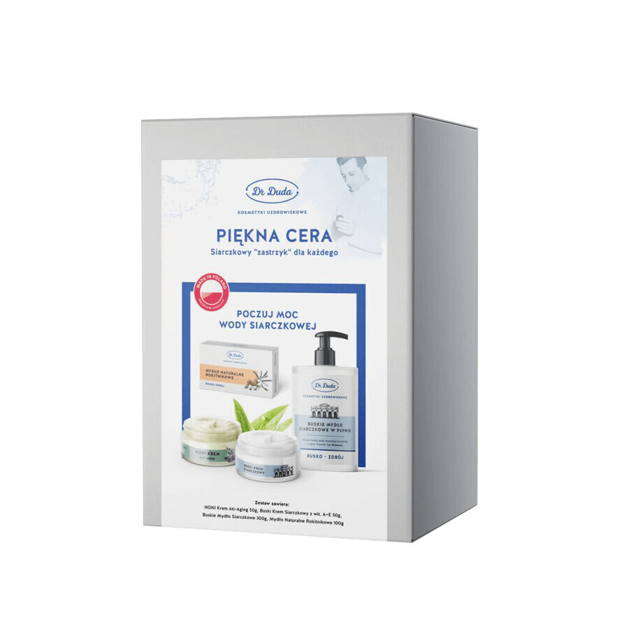 Dr Duda Piękna Cera set, Crème anti-âge au noni, 50 g + crème au soufre avec vit. A + E, 50 g + savon au soufre, 300 g + savon naturel à l'argousier, 100 g