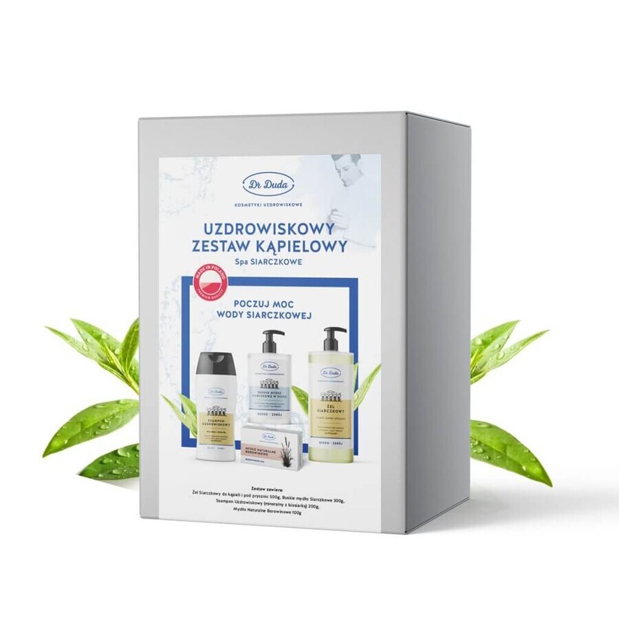 Set Dr Duda Uzdrowiskowy Kąpielowy, savon au sulfure de bois, 300 g + shampoing spa, 200 g + gel bain et douche, 500 g + savon à la boue, 100 g