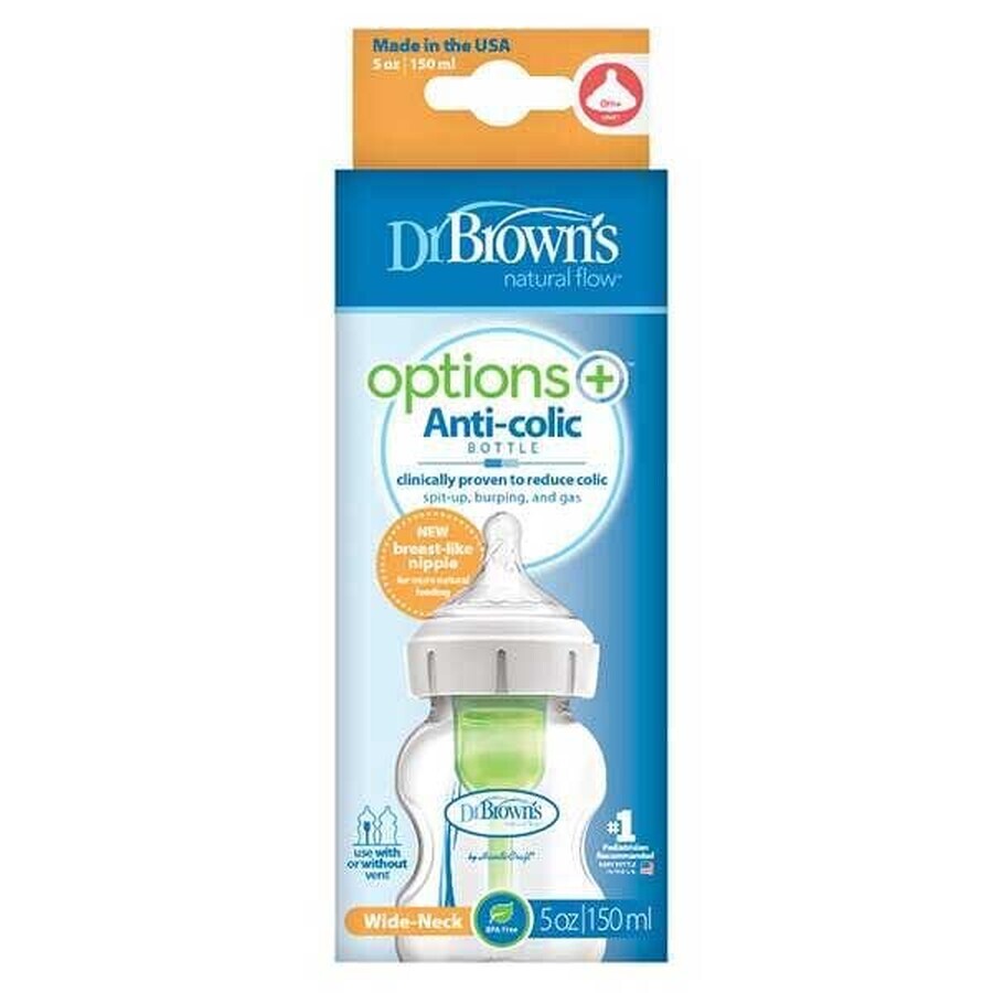 Dr Brown's Options+, biberon anti-colique à col large avec tétine, niveau 1, 0-3 mois, 150 ml