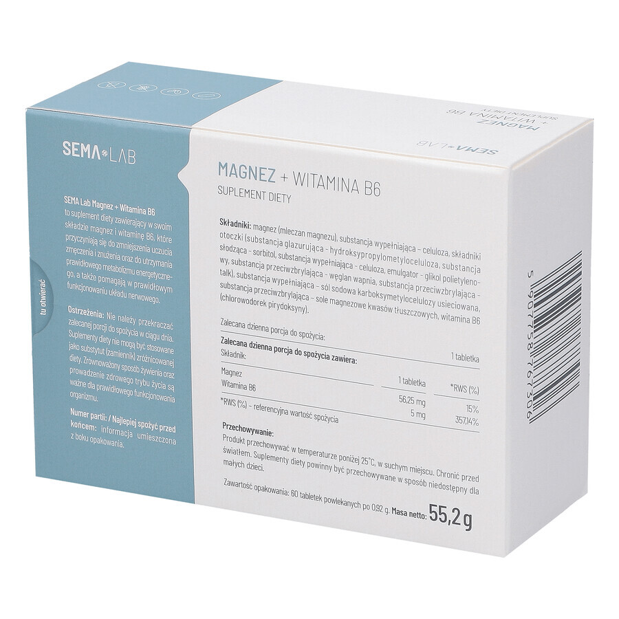 SEMA Lab Magnésium + Vitamine B6, 60 comprimés pelliculés