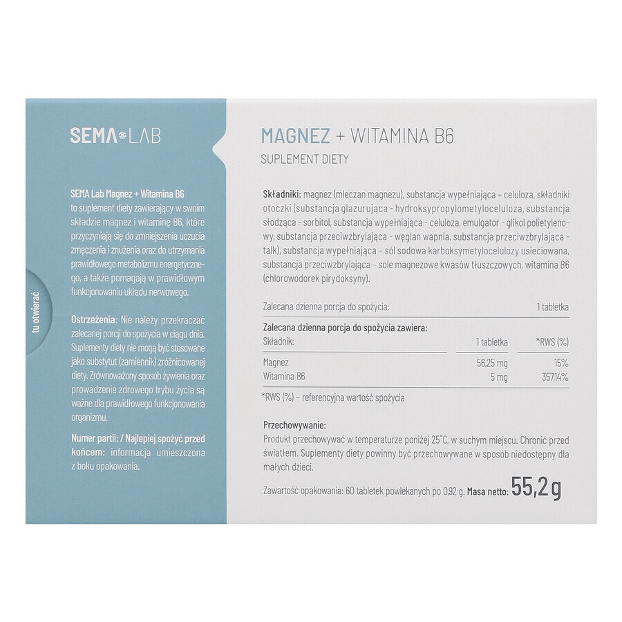 SEMA Lab Magneziu + Vitamina B6, 60 comprimate filmate