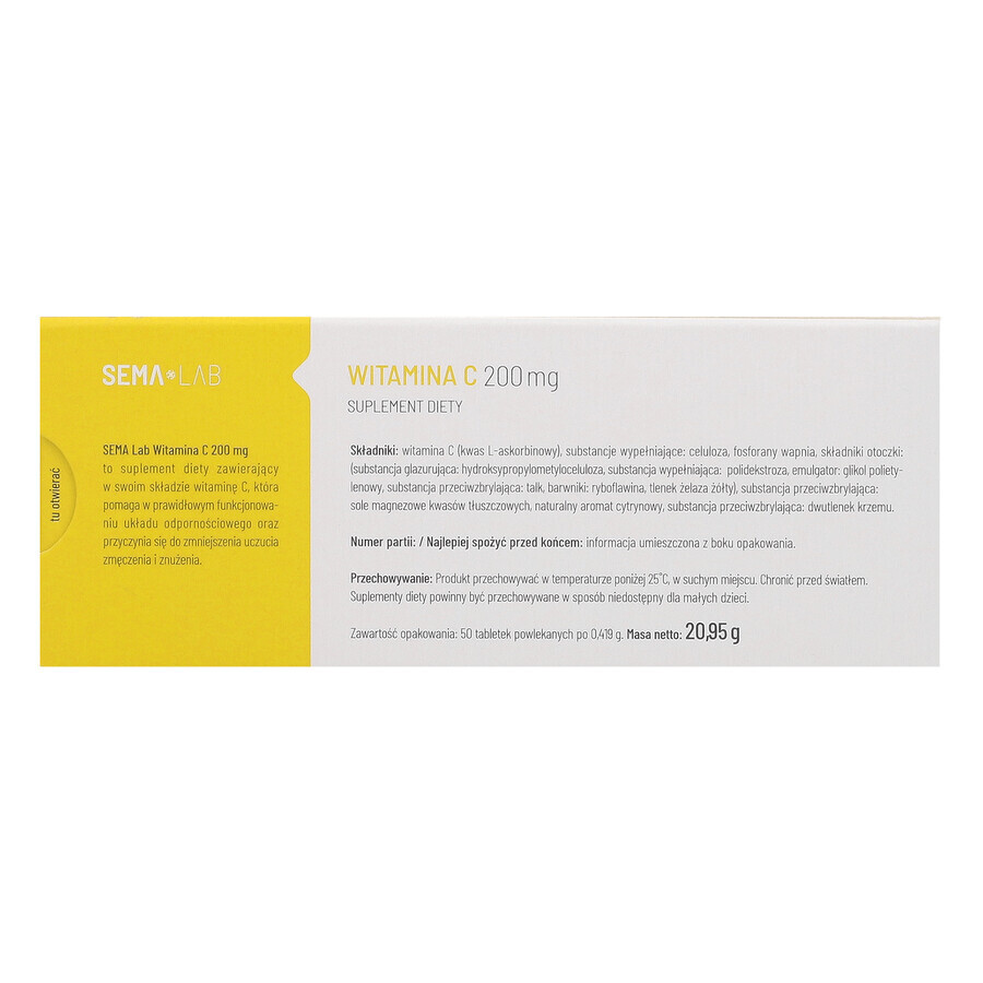 SEMA Lab Vitamine C 200 mg, 50 comprimés pelliculés