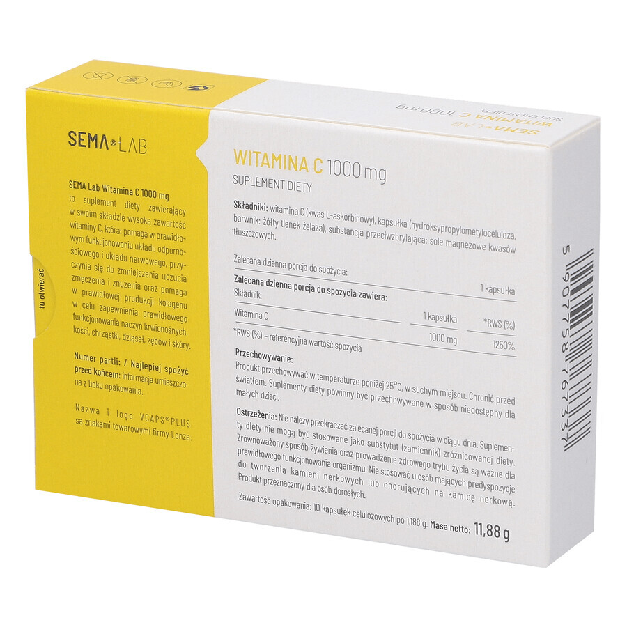 SEMA Lab Vitamine C 1000 mg, 10 gélules de cellulose